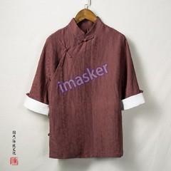 Spring Summer Chinese Style Men’s Linen Tang T-shirt Ethnic Hanfu 3/4 Sleeve Top