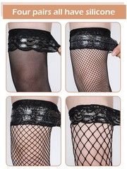 4 Pairs Fishnet Thigh High Stocking Silicone Lace Top Sheer Over Knee Stockings