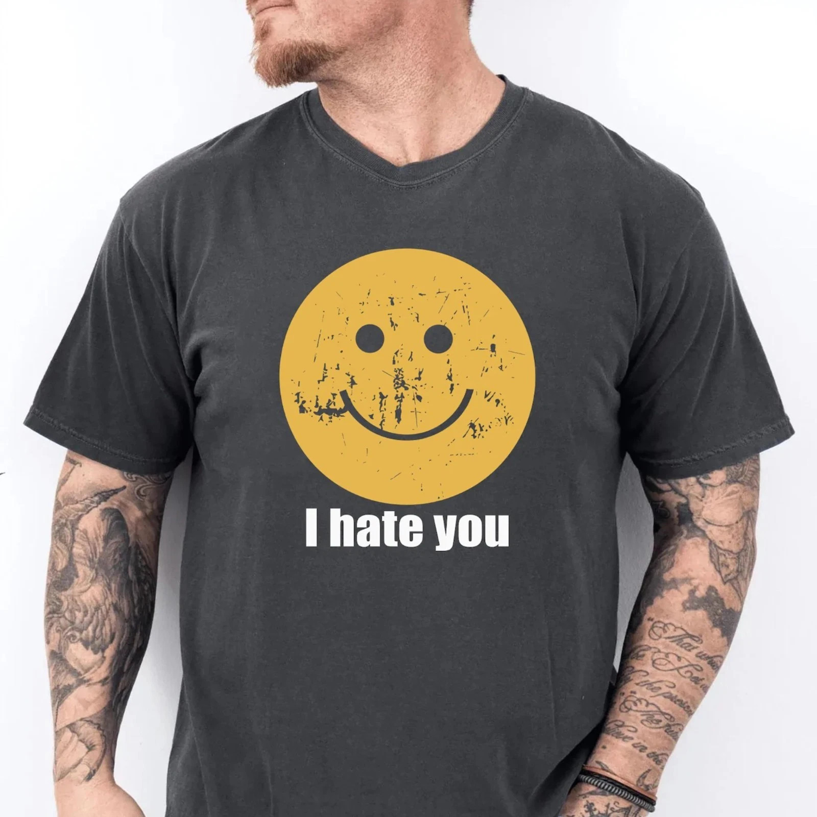HOT! I Hate You Smiley Face Shirt Sarcastic Funny Graphic Tee Retro Wash Black gallery