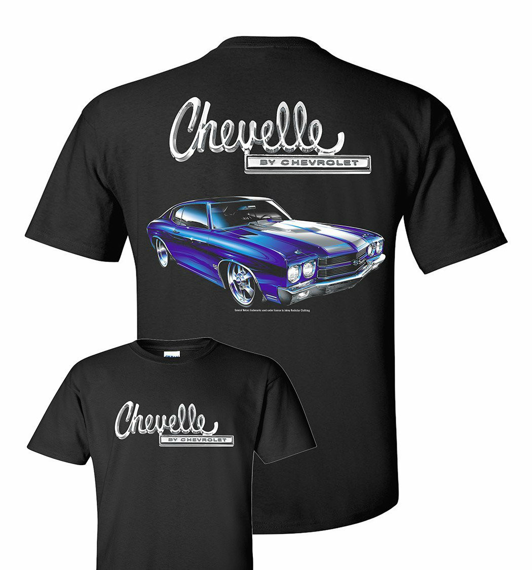 Chevrolet Chevelle T-Shirt - Black w/ Blue 1970 Car & Silver Script (Licensed) gallery