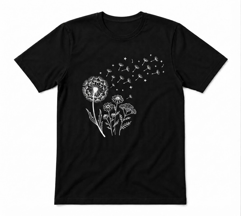 Boho Dandelion Wild Flower Flower Garden Botanical Black T-shirt