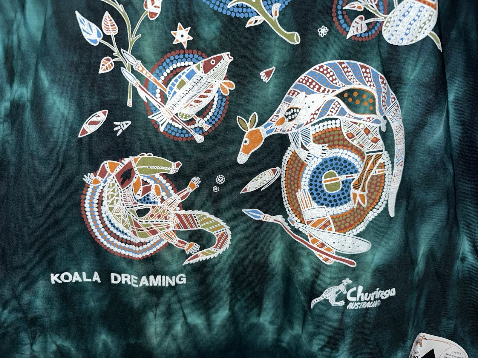 NWT Churinga Designs Australia Green Tie Dye Koala Dreaming T Shirt L Aboriginal gallery