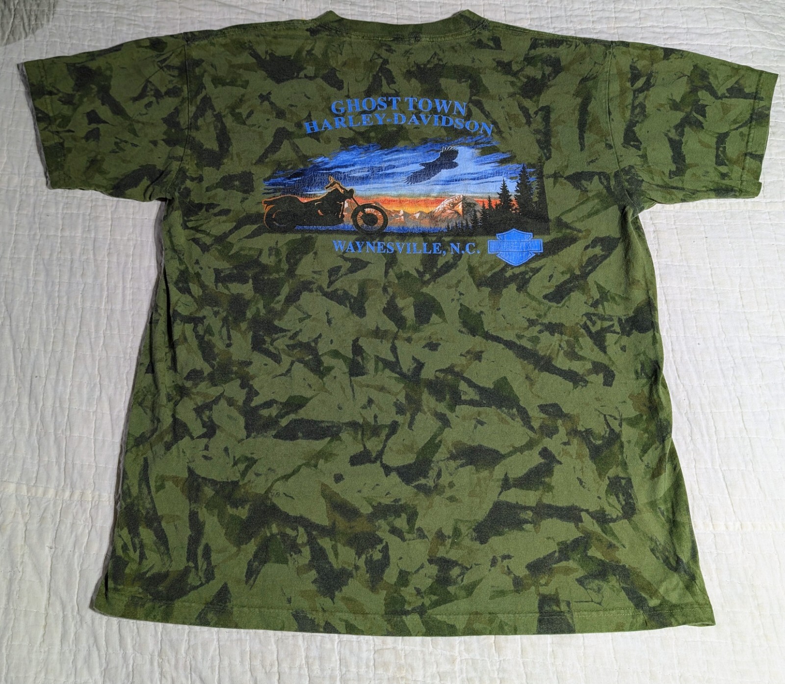 RARE Harley Davidson GHOST TOWN Men’s L (No Tag) Green Crinkle Dye Y2K NC Eagle