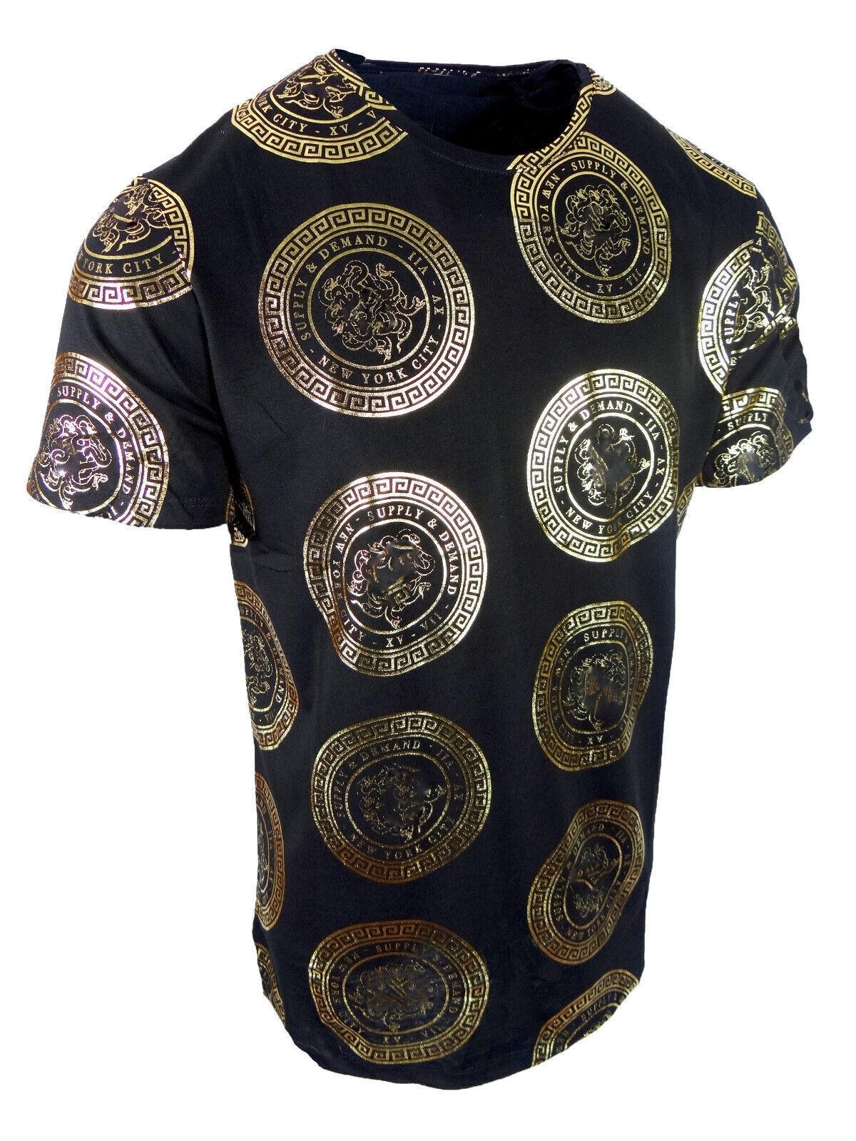 Mens T- Shirt Designer Italian Shiny Gold Print Slim Fit Stretch Casual Club gallery