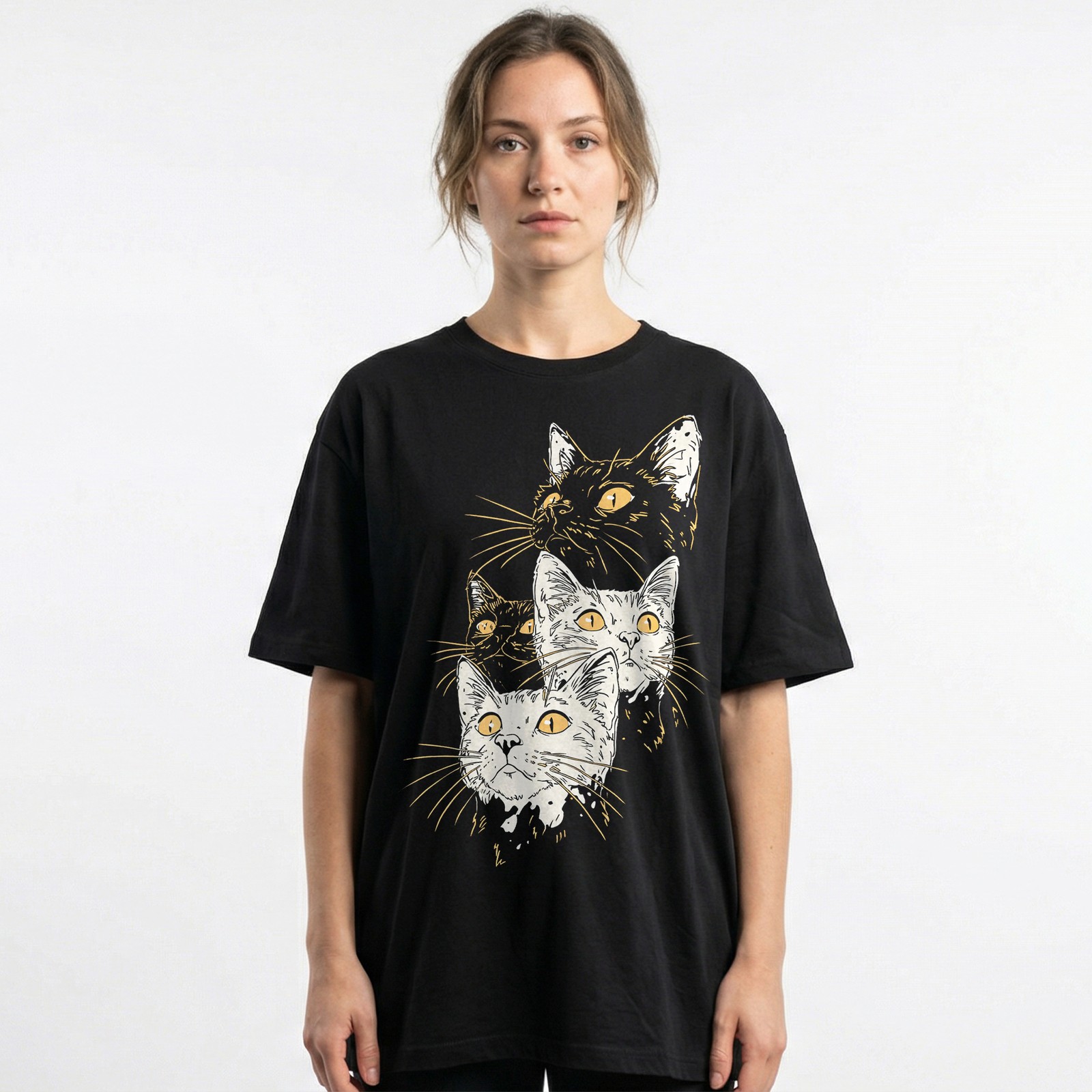 Sketch Style Cats Yellow Eyes Artistic Handdrawn T-Shirt Minimalist Feline Tee gallery