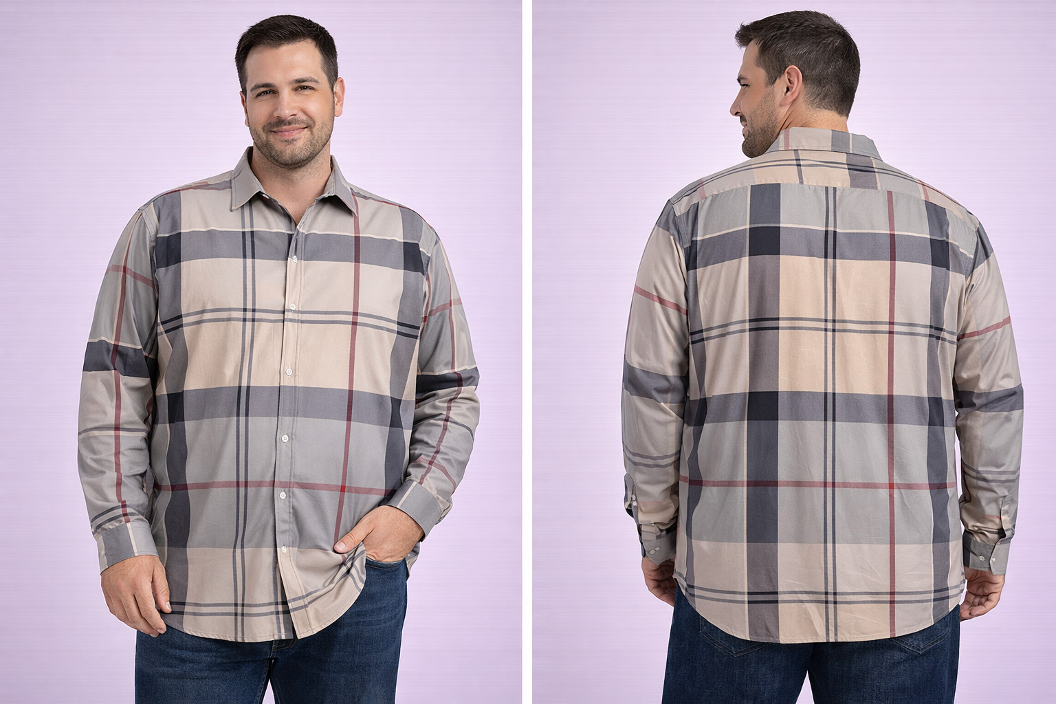 Men’s 6XL Gray Beige Plaid Button Front Shirt Long Sleeve Lightweight Stretch gallery