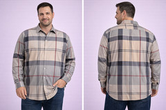 Men’s 6XL Gray Beige Plaid Button Front Shirt Long Sleeve Lightweight Stretch