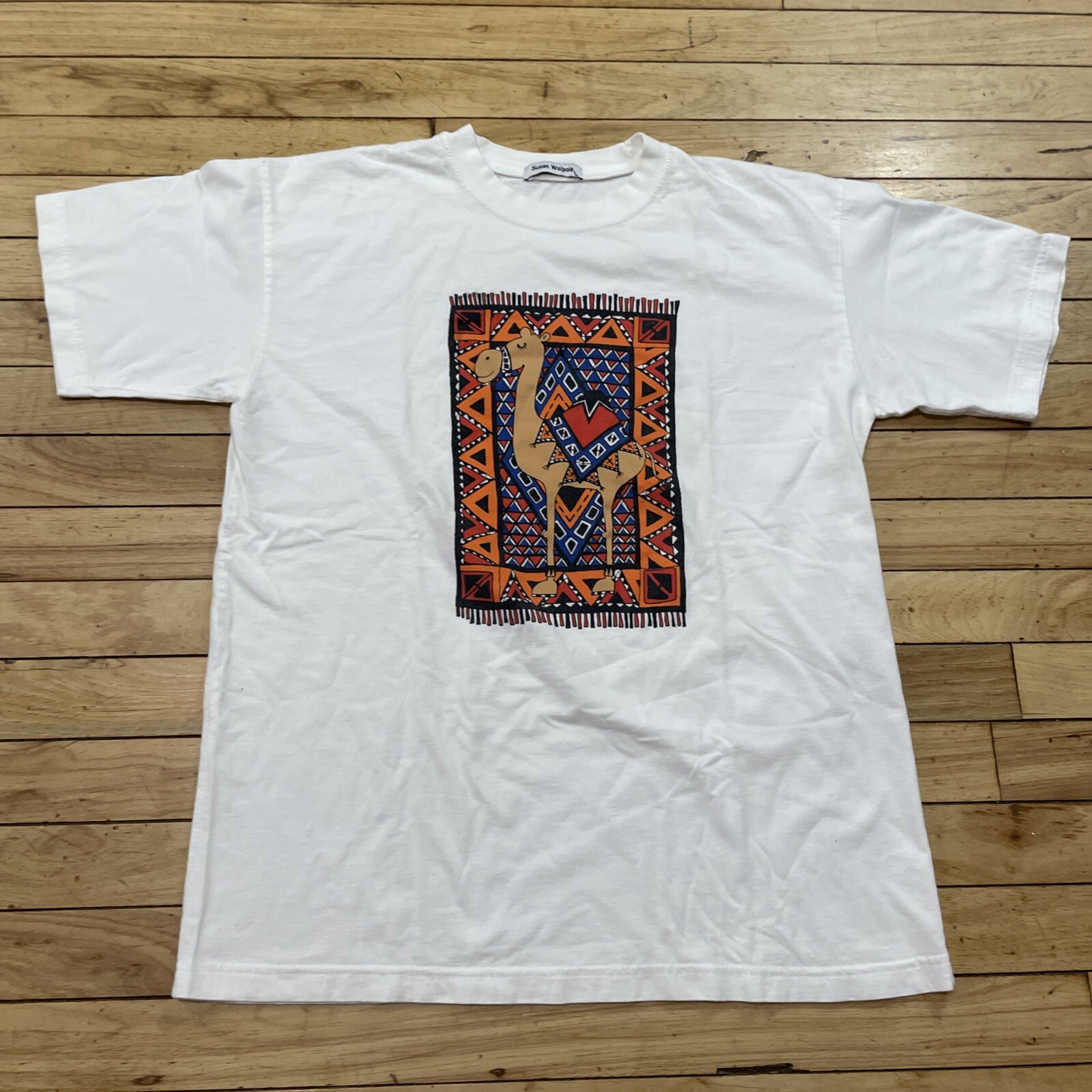 Susan Walpole Shirt Adult L Crop Art Camel Rug Geometric Graphic White Orange gallery