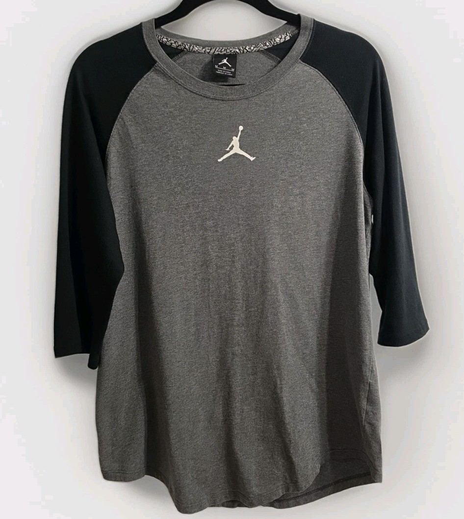 Nike Air Jordan 3/4 Raglan Sleeve Shirt Black Gray Jumpman Classic Sz M Sport EC