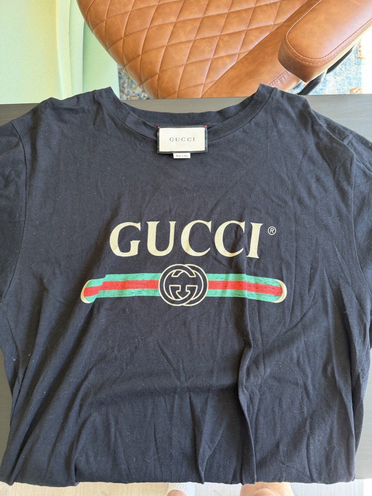 Gucci Men’s S Black Cotton Jersey Crewneck Tee Web Stripe Embroidered Logo gallery