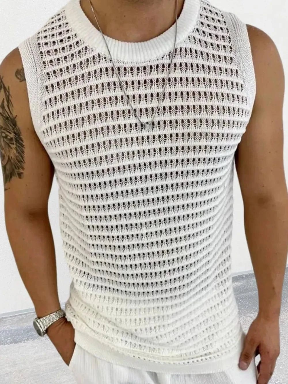 Ivory Round Neck Hollow Out Sleeveless Knit Men's Top gallery