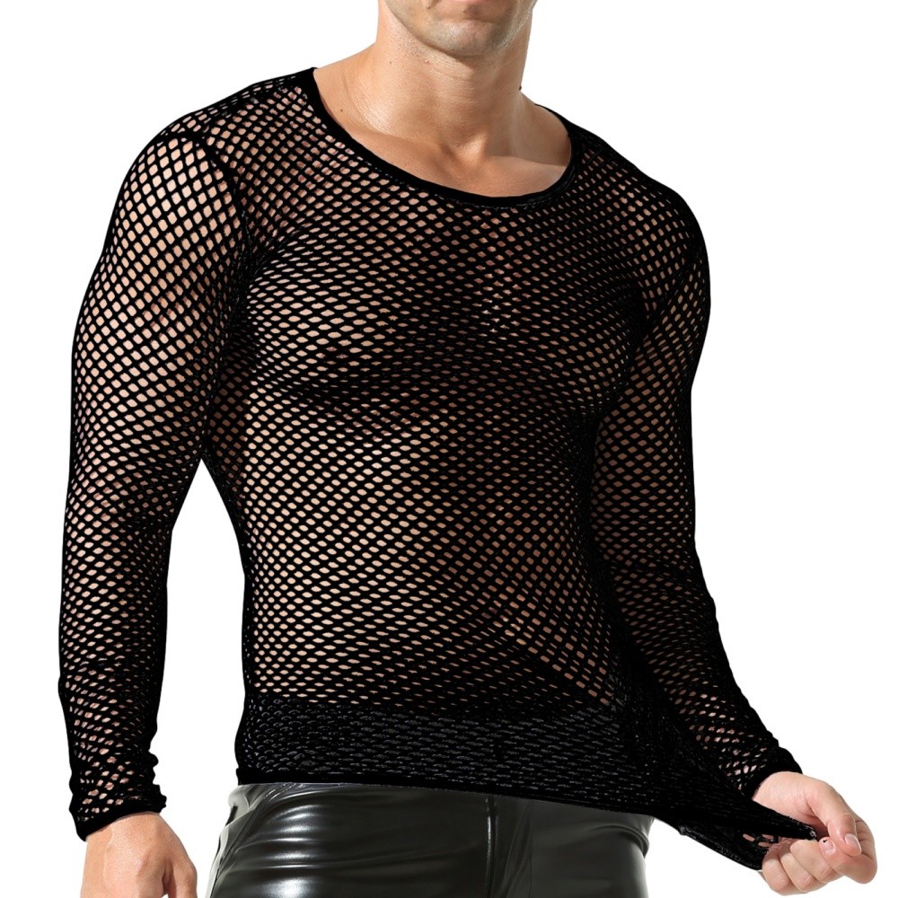 Long Sleeve Men’s Sexy Fishnet T-Shirt Tops Muscle Mesh Hollow Out Sports Shirts