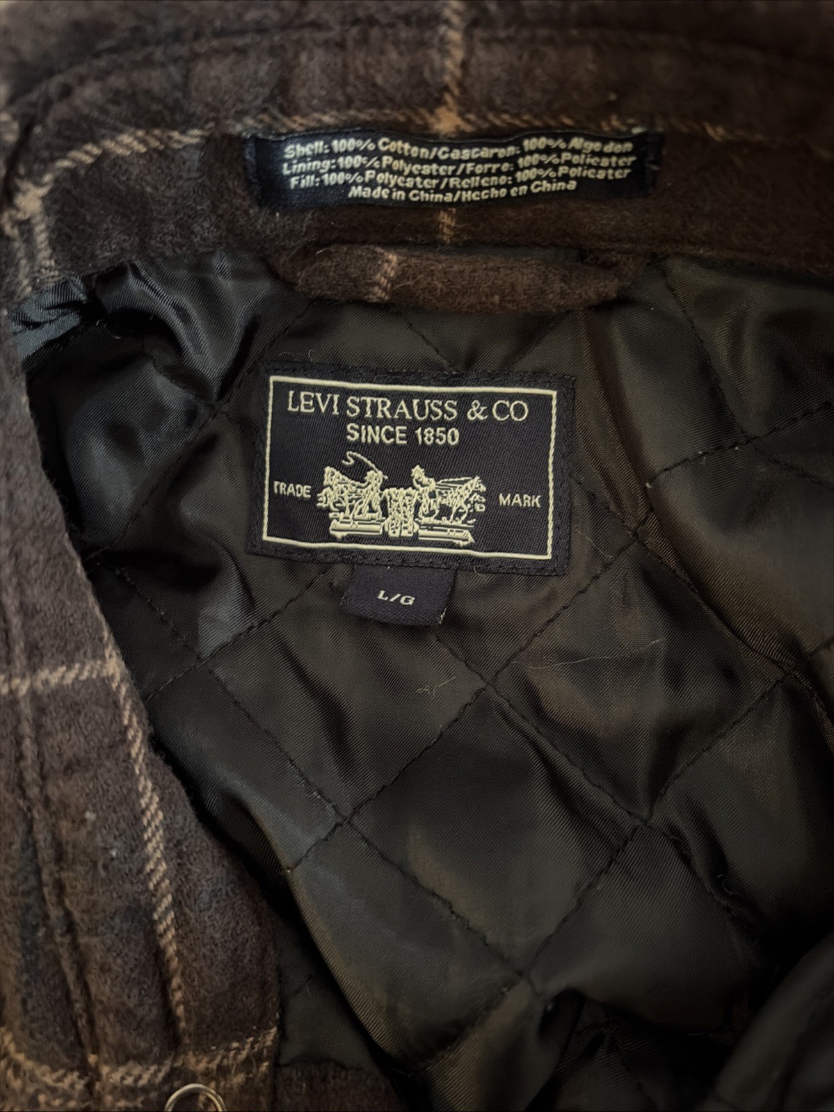 Men’s Levi Strauss Thermal Quilted Lined Plaid Flannel Shirt Size L gallery