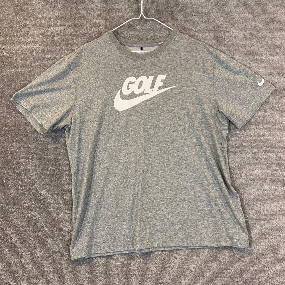 Nike Gold Shirt Mens Large Gray Graphic Swoosh Check Tee Dri-Fit Sport S/S