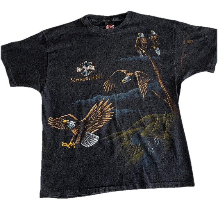 VTG 90s Harley Davidson Eagle AOP Shirt Rare Size XL Black Faded Single Stitch gallery