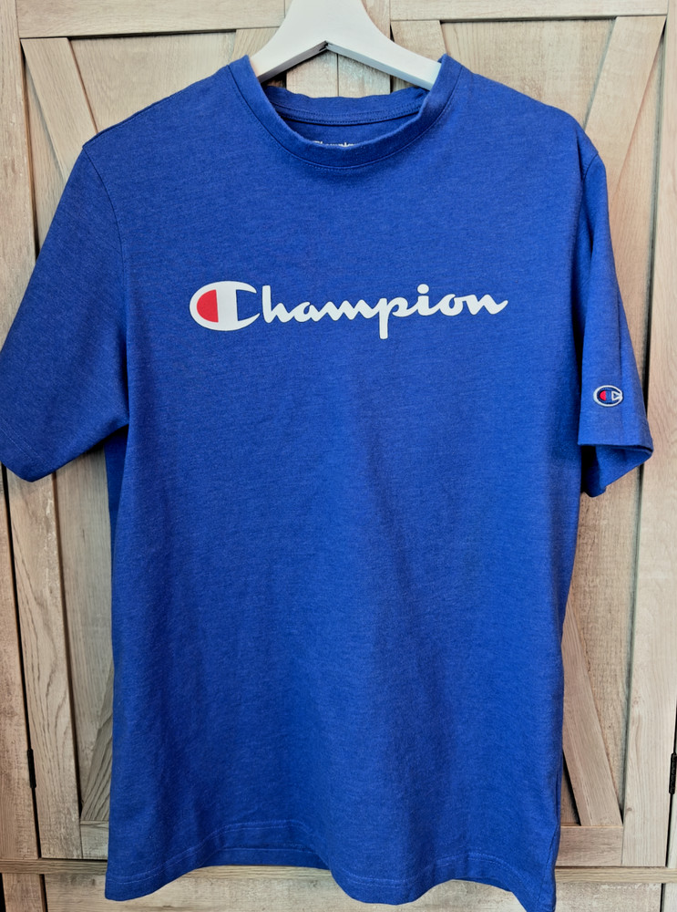 Champion Heather Blue Script Logo Graphic T-Shirt Mens Medium Y2K Retro 2000s