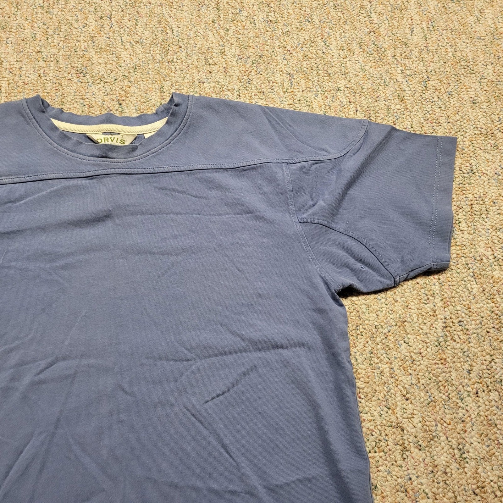 Orvis T-Shirt Mens Medium Blue Short Sleeve Cotton Football Yoke Drop Hem Tee gallery