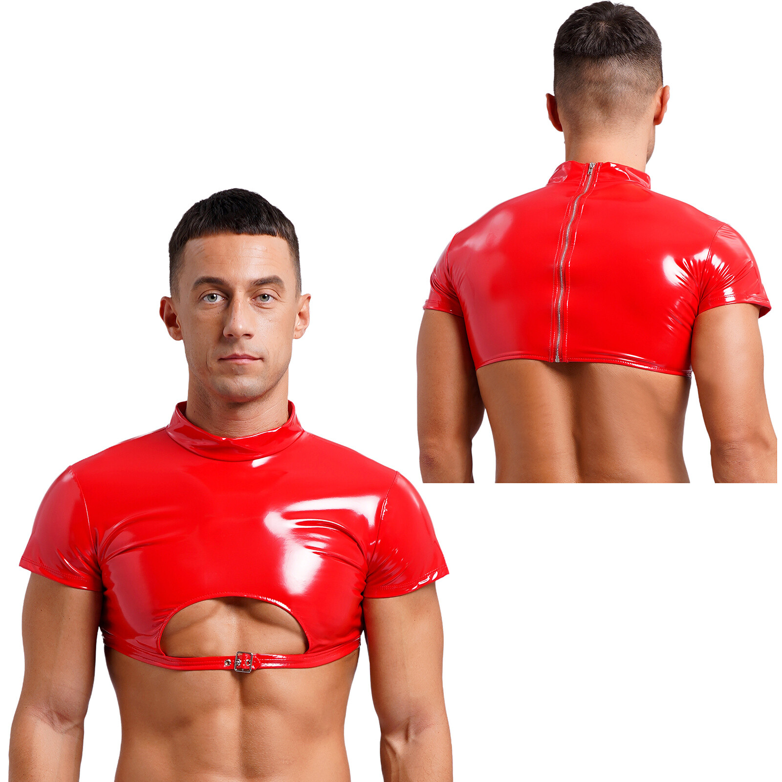 Mens Clubwear Nightout Crop Top Shiny Vest Halloween Costume Half Tops Glossy