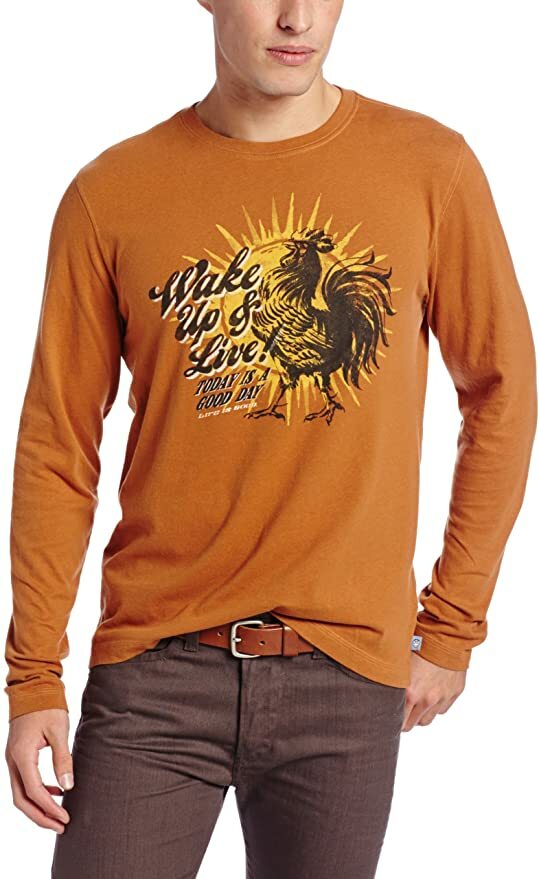 M NWT Men's Life is Good Wake Up & Live Rooster Orange Semi-fitted LS Creamy Tee gallery