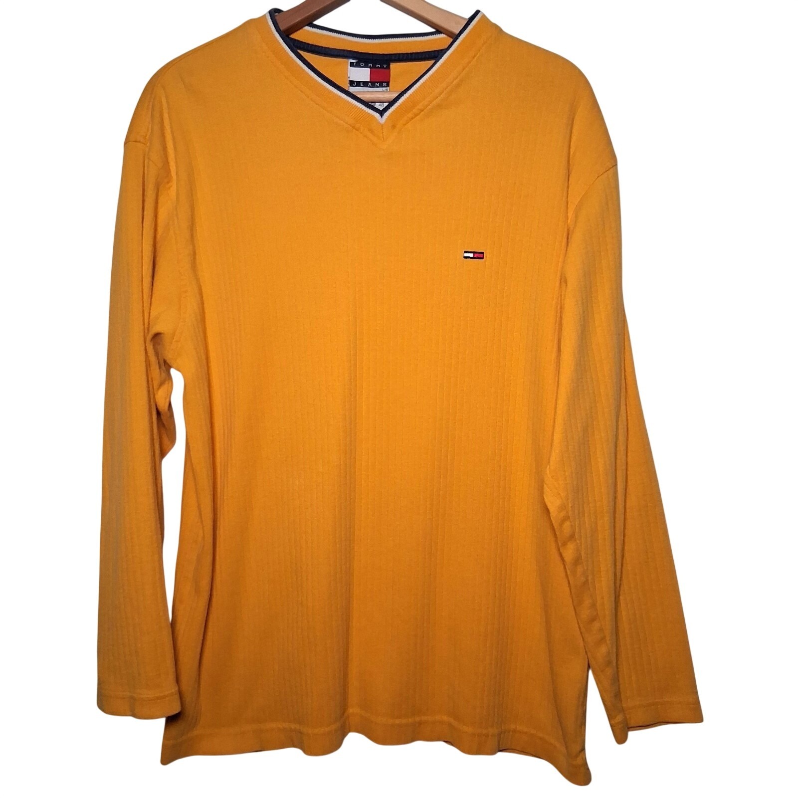 Vintage 1990s Tommy Jeans Shirt Men L Ribbed Knit Gold Long Sleeve V Neck gallery