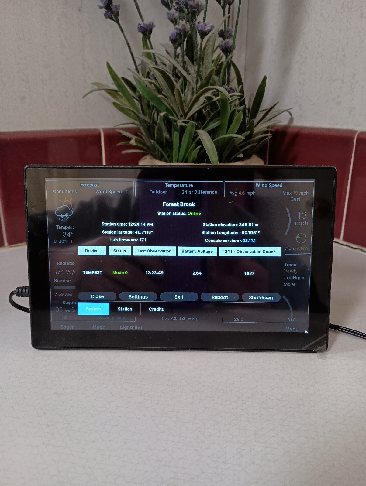 8″ Weather Display Console color touchscreen for WeatherFlow Tempest