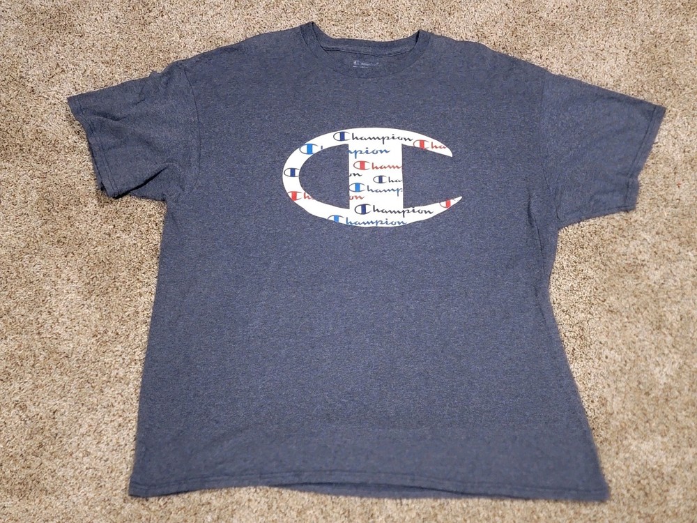 Mens Champion Cotton Poly Blend LOGO Blue Short Sleeve T Shirt 1XL