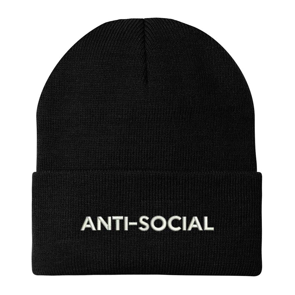 Anti Social Embroidered Winter Long Cuff Beanie - Black gallery