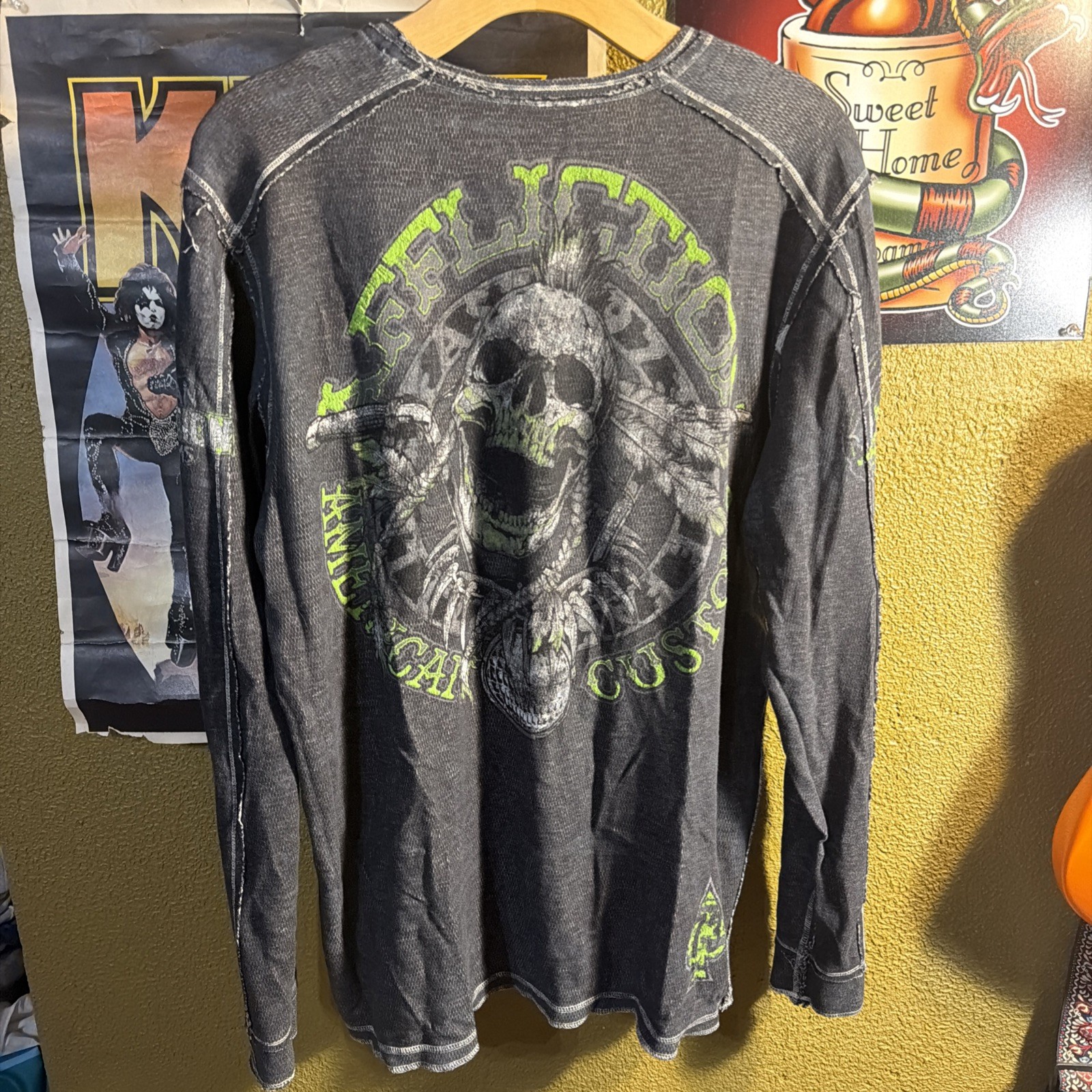 Affliction Shirt Mens XL Thermal Gray Y2K Skull Cross Wings Grunge Reversible