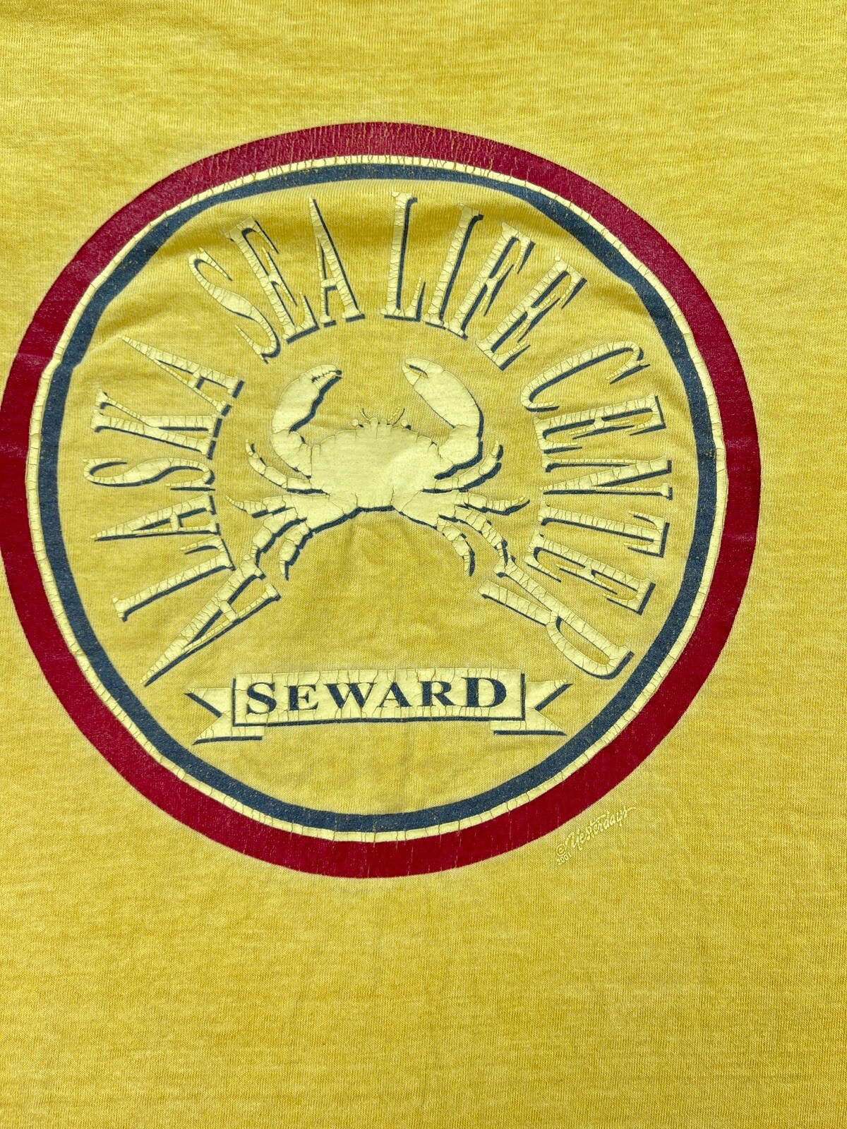VINTAGE Yellow Seward Alaska Sea Life Center 2001 Crab Shirt Baggy Small gallery