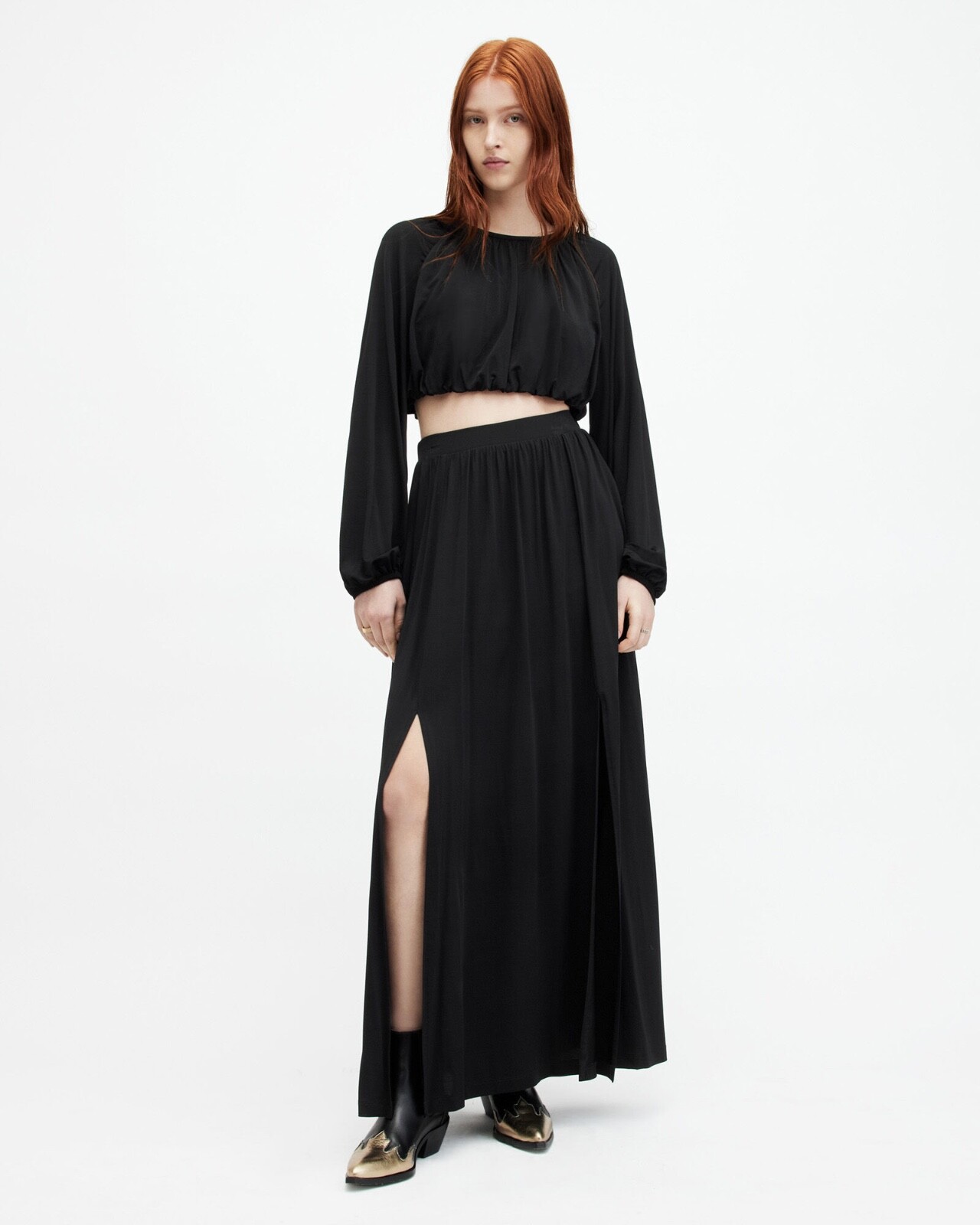 All Saints Womens Maxi Skirt Black Casandra Draped Lightweight High Rise Viscose gallery