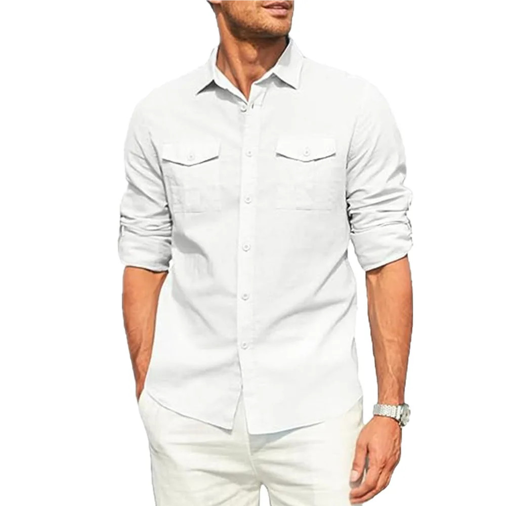 Men’s Cotton Linen Double Pocket Shirt Breathable Casual Smart Fit Holiday Gift gallery
