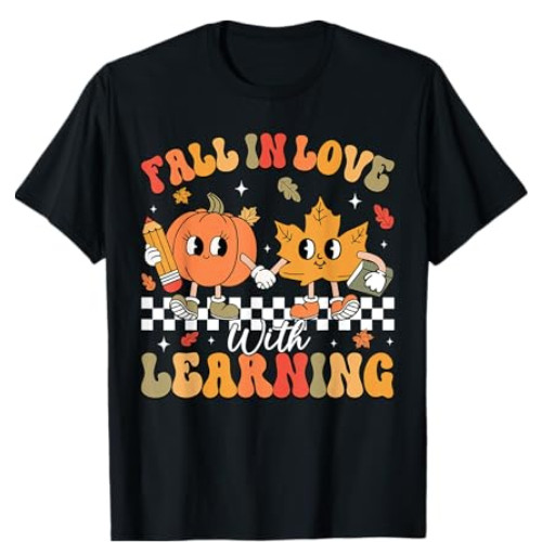 Retro Fall In Love With Learning Autumn Pumpkin Teacher T-Shirt,Multicolor,S-2XL gallery
