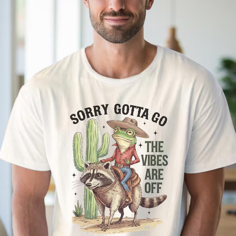 Cowboy Frog Riding Raccoon Sorry Gotta Comfort Tee Funny Meme gallery