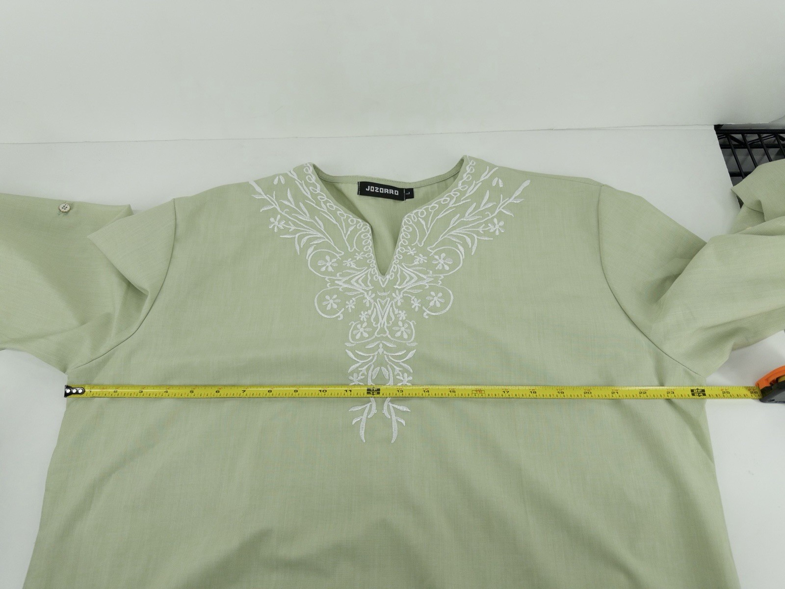 JoZorro Mens Linen V Neck Henley Caftan Tunic Embroidered Shirt L Green Large gallery