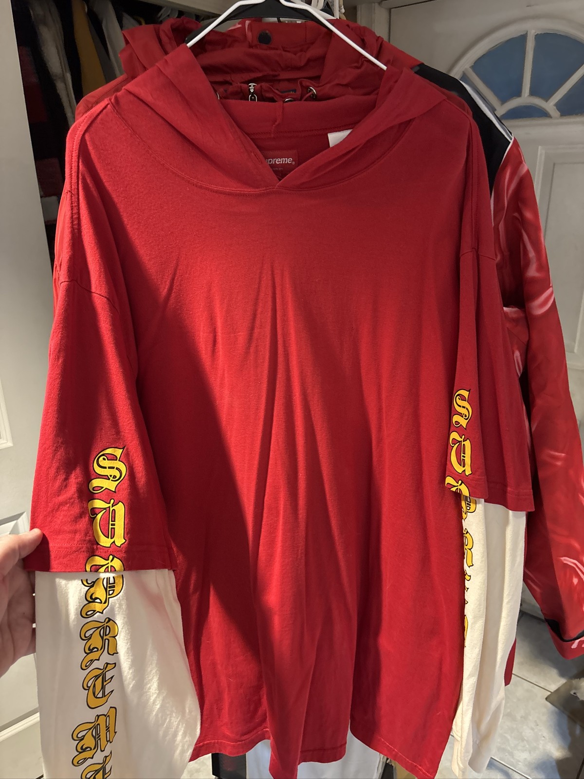 Supreme Layered Hooded LS Shirt Jersey Hoodie Red exclusive XXL gallery