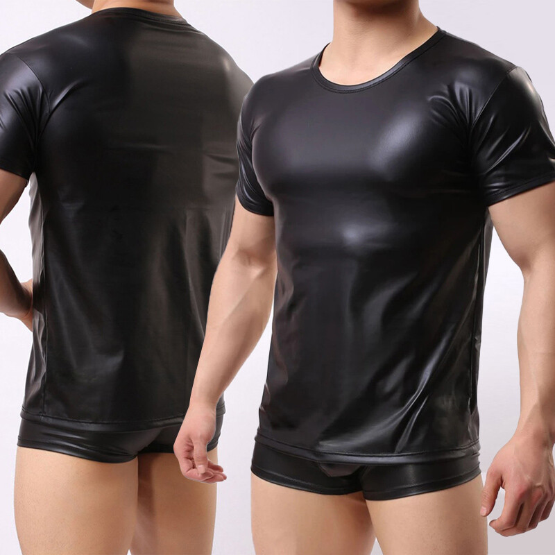 Mens Sexy Wet Look Patent Leather T-shirt Slim Tight Muscle Top Clubwear gallery