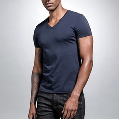 Men Solid Color V Neck Tight Fit T Shirt Short Sleeve Polyester Base Layer Top