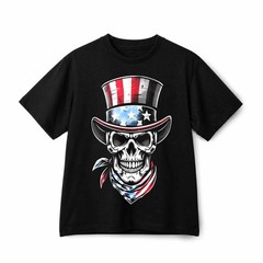 Patriotic Skull Uncle Sam Hat Graphic T-Shirt American Flag Streetwear Tee