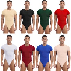 Men’s Short Sleeve Bodysuit Athletic High Waist Jumpsuit Stretchy Button Bodycon