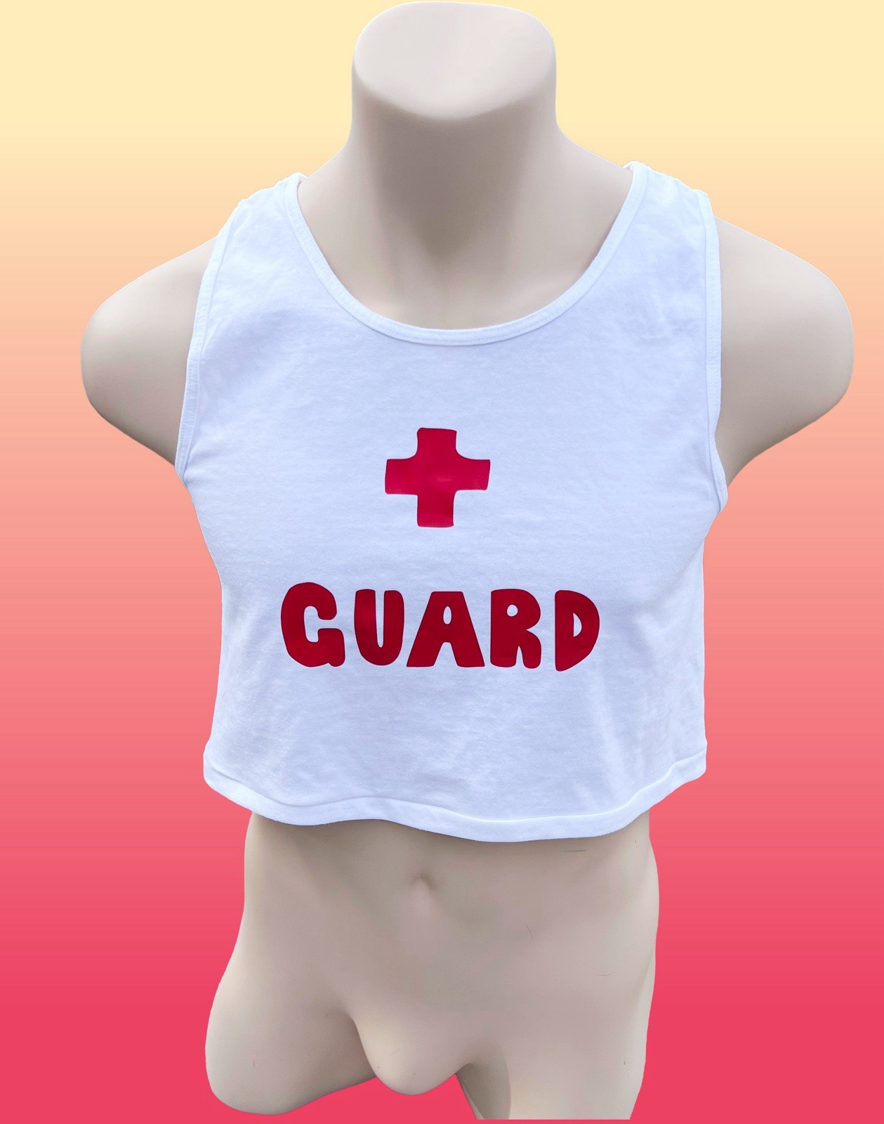 Lifeguard custom printed Mens White 100% cotton super short crop tank top gallery