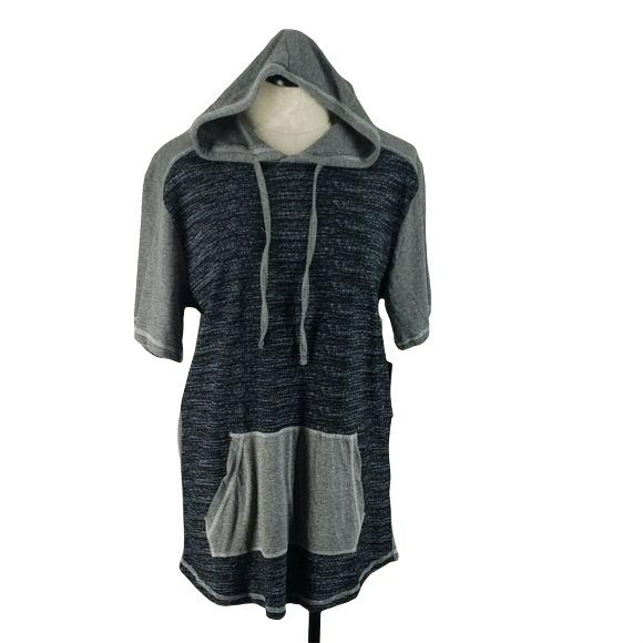 Metro One Womens Gray & Black Short-Sleeve Hoodie Tunic With Kangaroo Pocket M