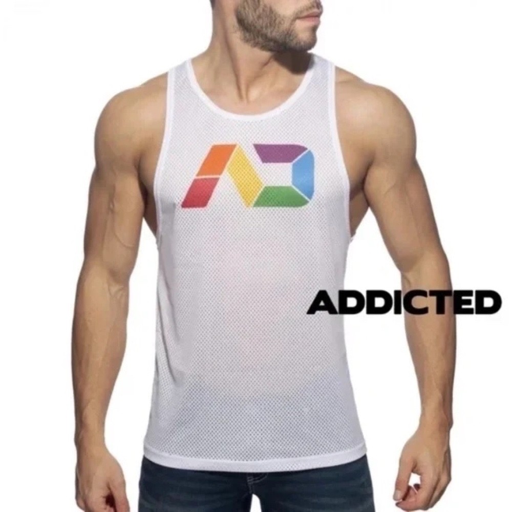 Addicted Rainbow Logo Mesh Tank Top Medium Gently worn 19″ armpit to armpit Poly