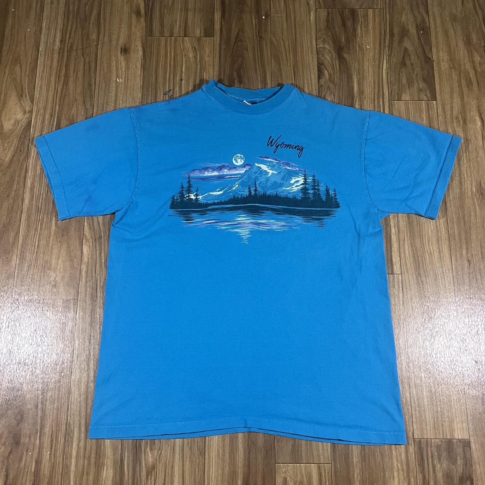 Vintage Anvil Wyoming Shirt Mens XL Blue Mountain Scenic Nature Graphic Tee USA