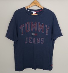 VINTAGE RETRO 80s 90s BLUE TOMMY JEANS BRIGHT BOLD FESTIVAL SPORTS T SHIRT TOP