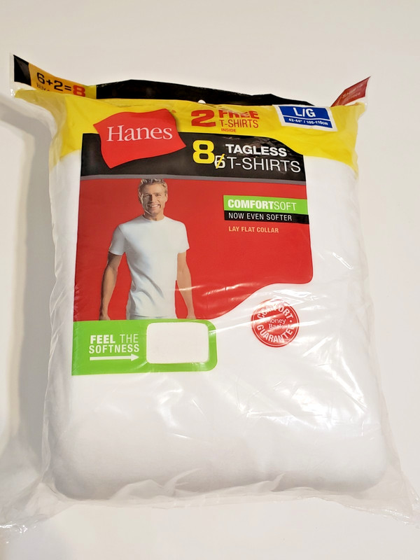 Hanes Men’s 8 Pack COMFORTSOFT Tagless White T-Shirts Large (42″-44″) – NEW