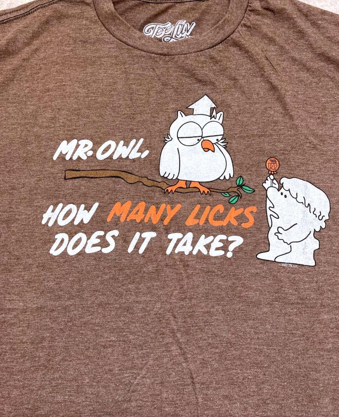 TeeLuv Mr. Owl “How Many Licks Does It Take?” Graphic T-Shirt Brown Size L