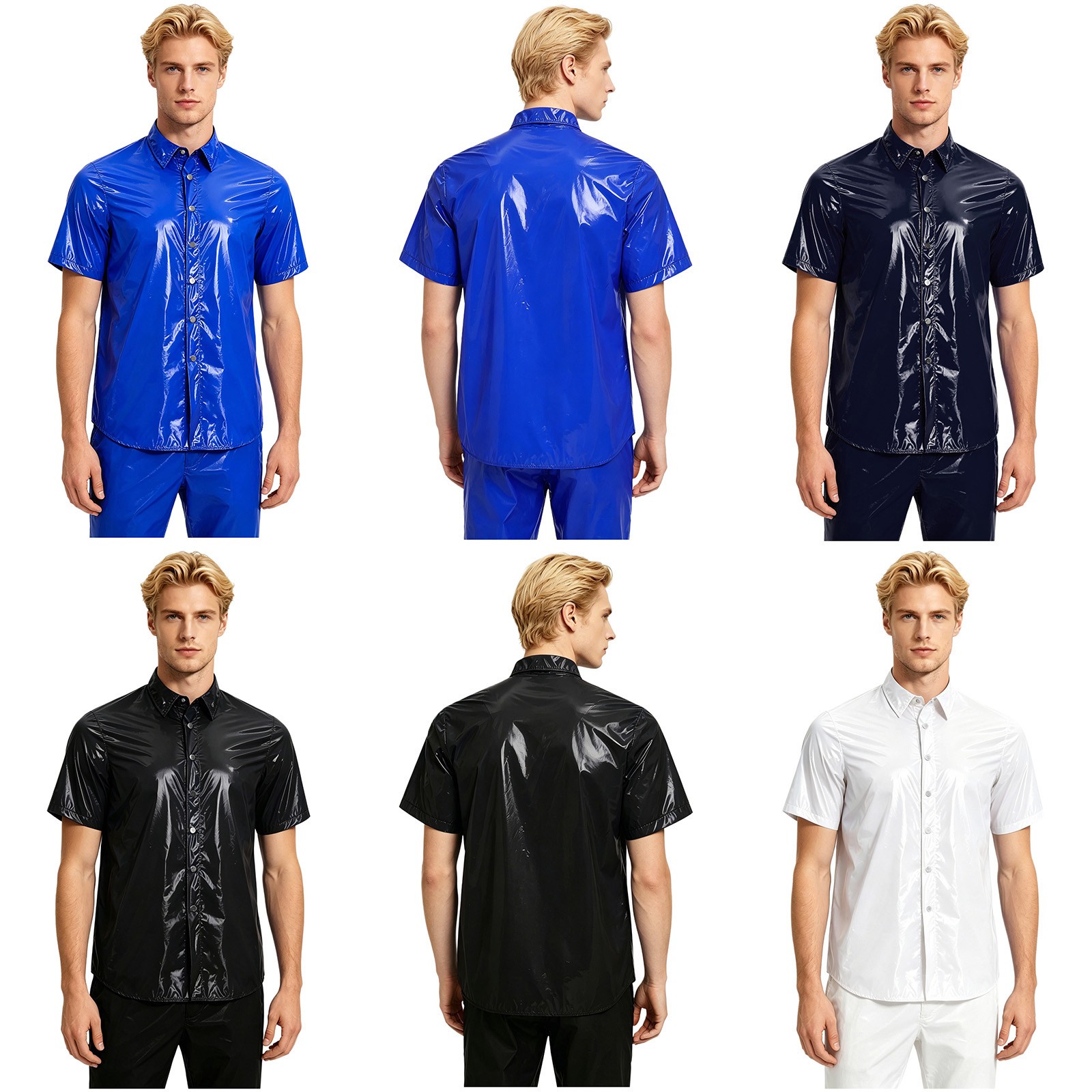Men Wet Look  Shirt Top Short Sleeve Front Button Lapel T-shirt Blouse Clubwear gallery