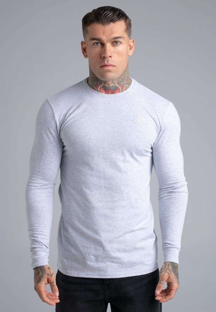 SikSilk Men’s Long Sleeved Crew Neck Essentials Long Sleeve T-Shirt Tee Grey Mar