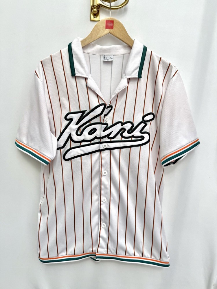 Karl Kani Pinstripe Button Front Shirt White Green Trim Short Sleeve Size Small