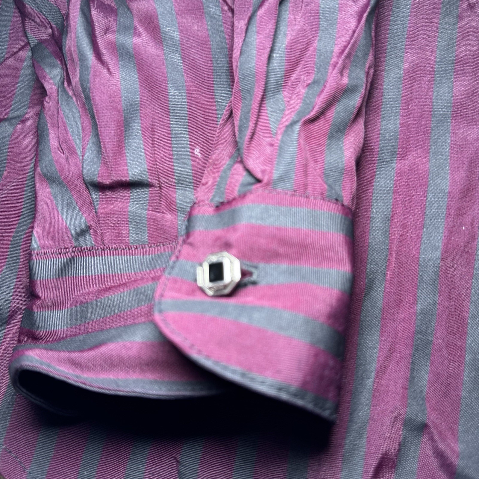 Intl Male Black Satin Stripe Shirt Large Glam Rock Goth Clubwear Vintage 80s gallery